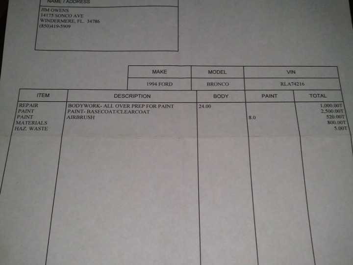 Bodywork repair invoice for a 1994 Ford Bronco listing paint and materials line items