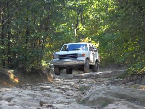 1990 Ford Bronco - This 1990 Ford Bronco navigates a challenging rocky path through a dense forest.