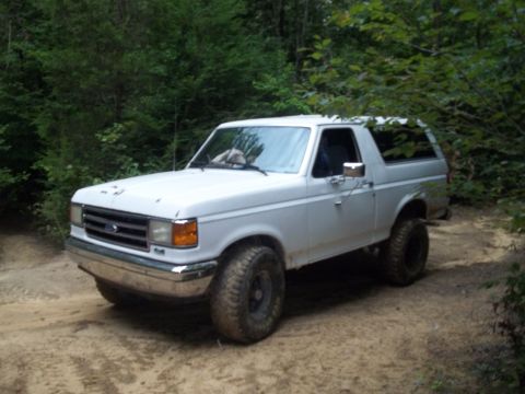 1990 Ford Bronco - This 1987 Ford Bronco is shown on a dirt path surrounded by trees, equipped for off-road use.