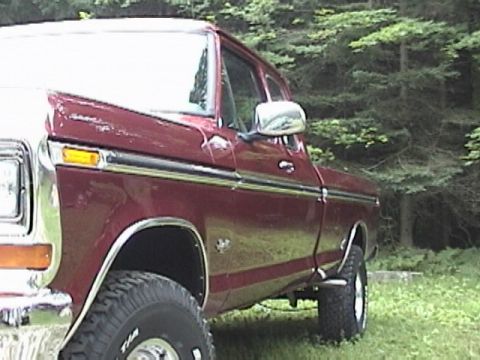1979 Ford F-150 - Side view of a red 1979 Ford F-150 pickup truck parked outdoors with trees in the background.