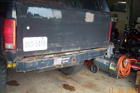 1986 Ford Bronco - Rear, high clearance, bumper. This will be extenfed out 1-2 inches and widened so that I can put a tire rack on it.
