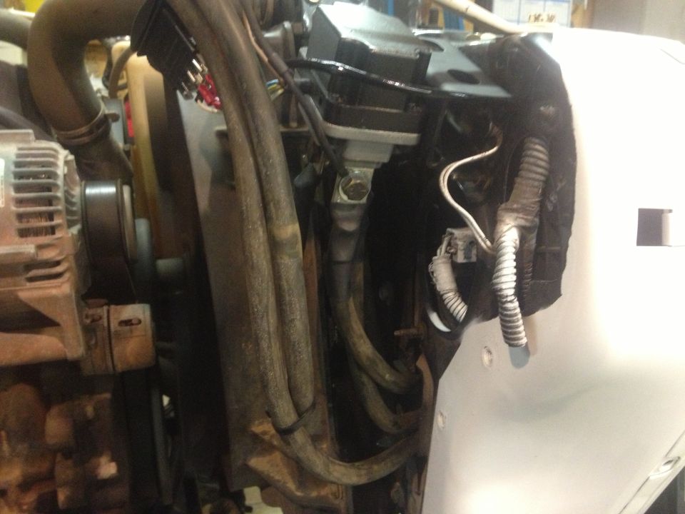 Close-up of engine bay with hoses, alternator, and wiring visible