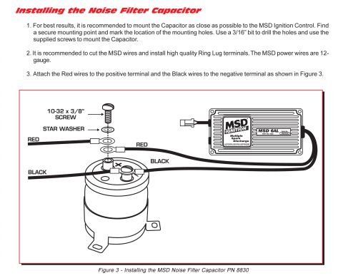 1990 Ford Bronco - Diagram shows how to install an MSD noise filter capacitor, including wiring and mounting instructions.