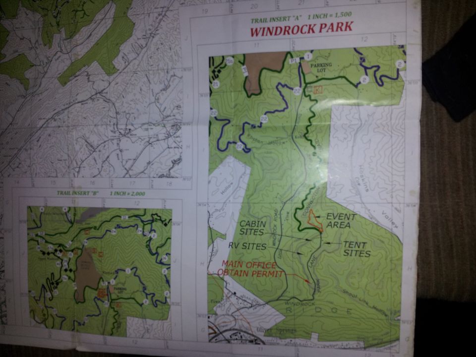 Map of Windrock Park showing trails, cabin sites, RV sites, and event area