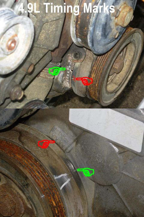 1983 Ford Bronco - Timing marks on the 4.9L can be confusing - I've marked the correct ones in white (green fingers) on mine so they show up easily under a ti…