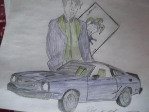 1978 Ford Mustang II - This drawing depicts a 1978 Ford Mustang II alongside a figure resembling the Joker, with a playing card in the background.