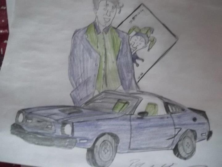Purple 1978 Ford Mustang II drawing with Joker imagery