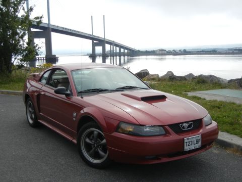2003 Mercury Marauder - This red Ford Mustang coupe, likely a 2003 model, is seen parked near a large bridge and body of water.