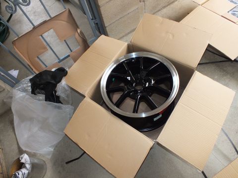 2003 Ford Crown Victoria - Eight-spoke gloss black wheel with machined lip in a carton beside a black plastic bag and gate