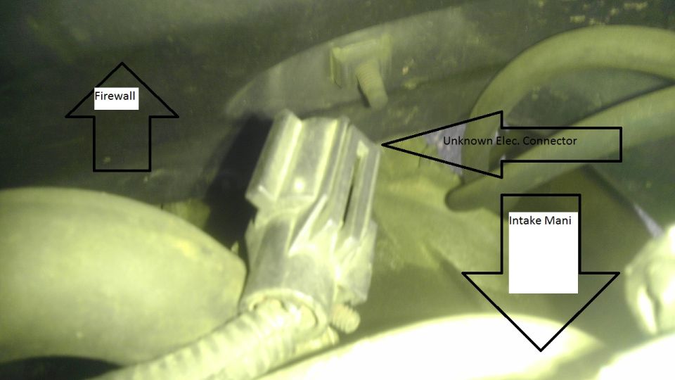 Engine compartment with an unknown electrical connector and intake manifold labeled. Firewall is also indicated