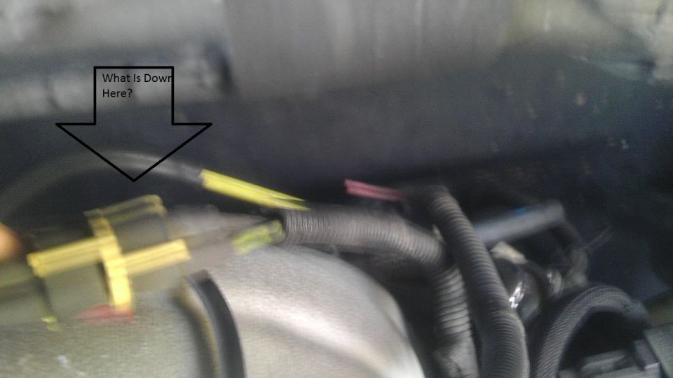 Close-up of engine bay wiring with yellow and red connectors. Arrow points down with text 'What Is Down Here?'