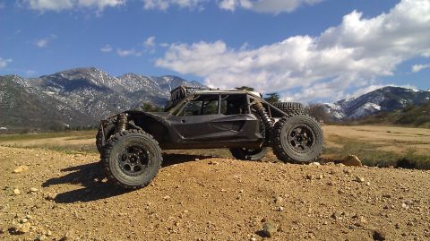 1996 Ford Bronco - Custom off-road buggy sits on a dirt mound with snow-capped mountains behind it under a cloudy sky.