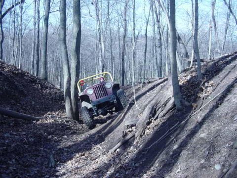 1992 Ford Bronco - A maroon Jeep CJ-7 navigates a challenging off-road trail through a dense forest.