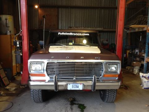 1979 Ford Bronco - This 1979 Ford Bronco is shown from the front in a garage setting.
