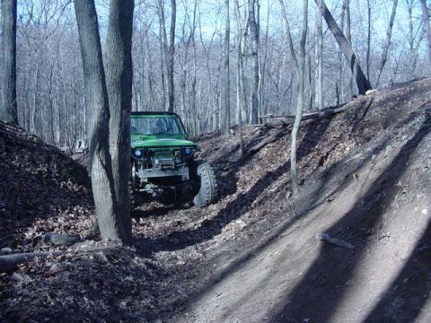 1992 Ford Bronco - Off-road SUV navigating a narrow dirt trail through a wooded area.