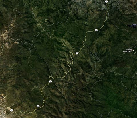 2010 Dodge Challenger - This satellite image shows a winding road through a mountainous terrain with some labeled locations.
