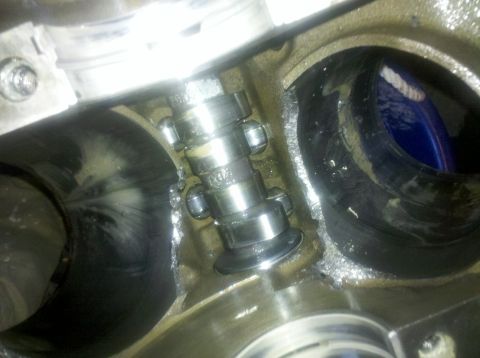 1996 Ford Bronco - Engine camshaft and valve lifters shown inside a cylinder head.