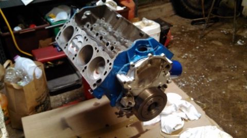 1977 Ford F-150 - Engine block, likely a Ford 351W, is shown in a workshop setting.