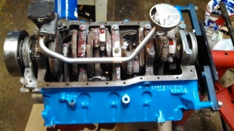 1977 Ford F-150 - Close-up of an engine block with internal components visible.