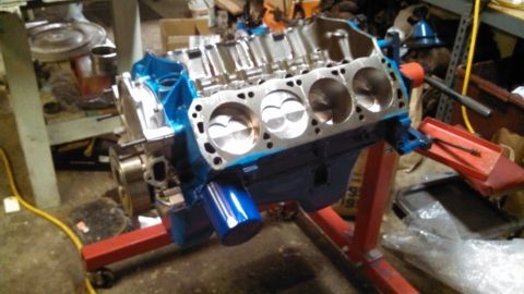 1977 Ford F-150 - V8 engine block on an engine stand, ready for assembly or rebuild.
