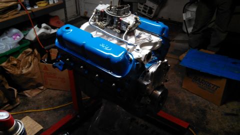 1977 Ford F-150 - Ford V8 engine on a stand, likely undergoing rebuild or modification.