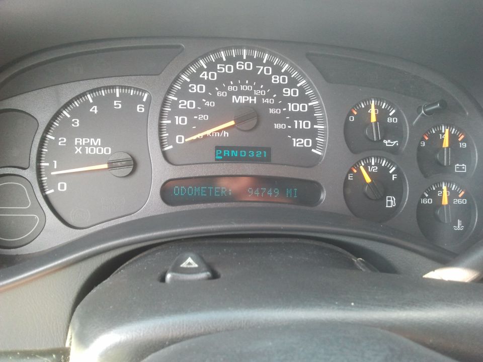 Dashboard gauges with odometer reading 94749 miles