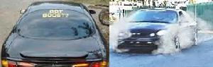 1997 Ford Taurus - A split image shows the rear of a black car with a sticker and the front of another black car emitting smoke.