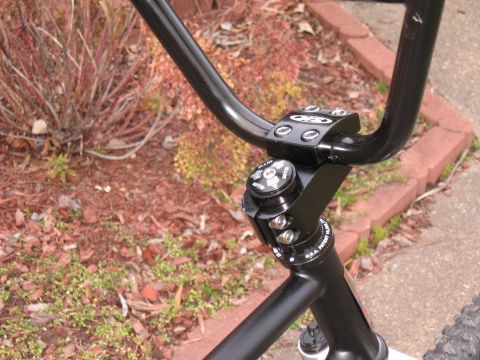 1994 Ford Bronco - Close-up view of bicycle handlebars and stem assembly, with surrounding foliage and brickwork.