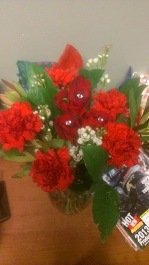 1995 Ford Bronco - A vibrant bouquet of red flowers sits on a table, partially obscuring a magazine with '2013' visible.