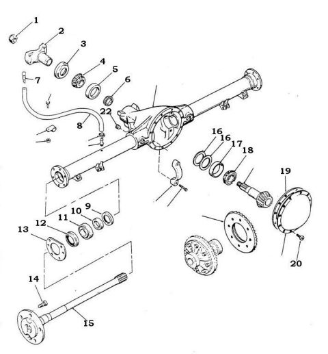 1982 Jeep Wagoneer - Diagram shows a detailed breakdown of a rear axle assembly with various components labeled.