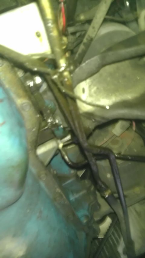 1982 Jeep Wagoneer - Close-up view of hoses and fluid lines within a vehicle's engine bay.
