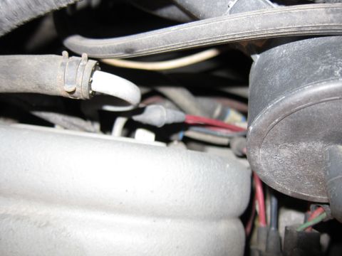 1991 Ford LTD Crown Victoria - Close-up view of hoses and electrical wiring within a vehicle's engine compartment.