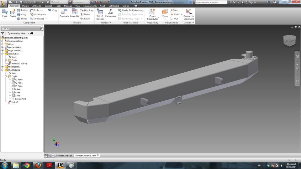 Autodesk Inventor CAD screenshot of a 3D bumper assembly model
