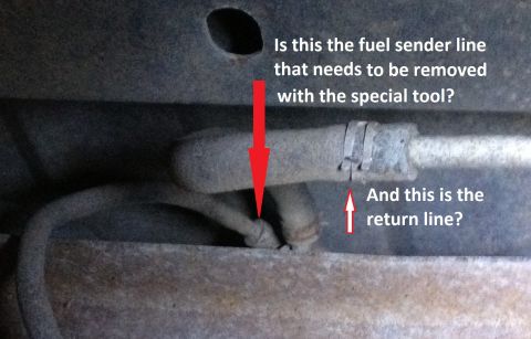 1978 Ford Bronco - Photo shows vehicle fuel lines with questions about sender line removal and return line identification.