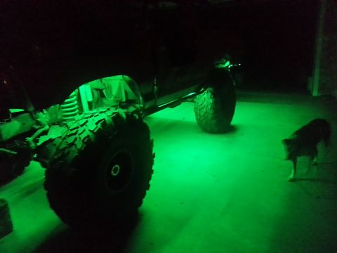 1978 Ford Bronco - An off-road vehicle is illuminated by green underglow lights, with a dog standing to the right.