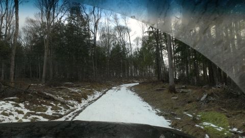 1995 Ford Bronco - Driving down a snow-covered dirt road surrounded by trees in a wooded area.