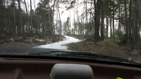 1995 Ford Bronco - View from inside a vehicle driving on a snowy road through a forest.