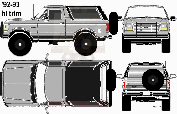 Multi-view line-art drawing of 1992-93 Ford Bronco full-size SUV