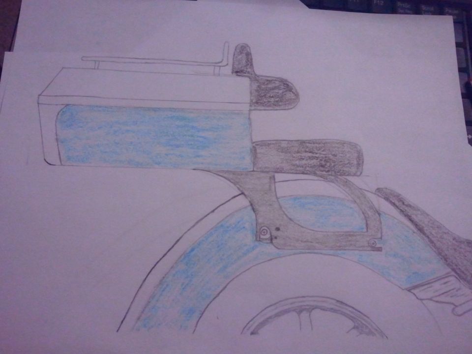 Hand-drawn colored pencil sketch of a fender, wheel, and box component partly shaded in blue
