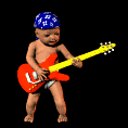 1986 Ford LTD Crown Victoria - A baby wearing a blue bandana and playing a red electric guitar against a black background.