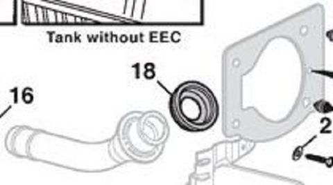 1978 Ford Bronco - Exploded parts diagram of a fuel tank filler pipe, seal and flange labeled Tank without EEC with numbered callouts.