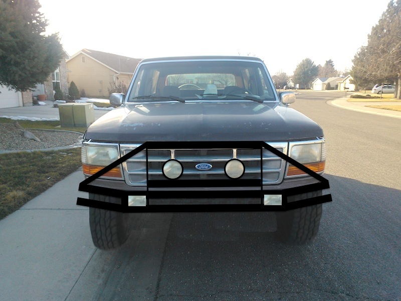 1992 Ford Bronco front end with aftermarket bumper and fog lights