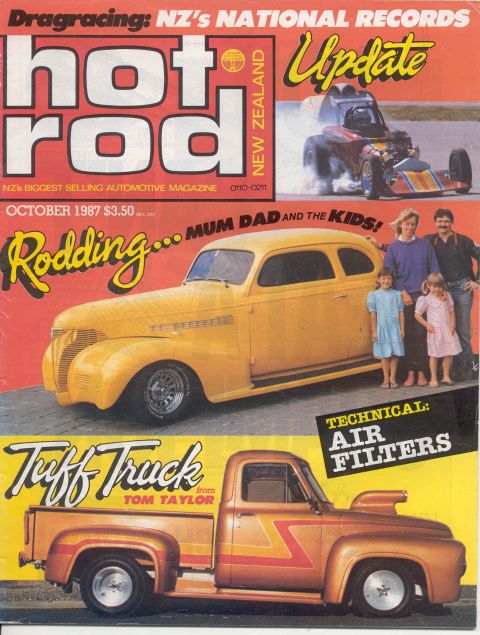 1969 Lincoln Continental - Hot Rod Update magazine cover from October 1987, drag racing, a custom sedan, and a pickup truck.