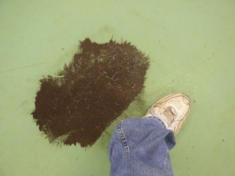 1976 Chevrolet Corvette - A pile of dirt and debris is visible on a green floor, with a person's shoe and leg nearby.