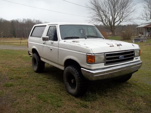 1990 Ford Bronco - A white 1990 Ford Bronco is parked on a grassy field under an overcast sky.