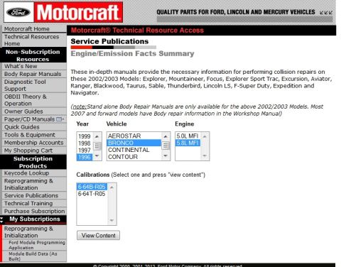 1994 Ford Bronco - Web page screenshot of Motorcraft Technical Resource Access showing engine/emission service publication selectors.