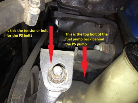 1978 Ford Bronco - Engine parts are labeled with questions about a tensioner bolt and a fuel pump bolt.