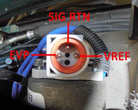 1990 Ford Bronco - Close-up of an EVP sensor connector with labeled electrical terminals.