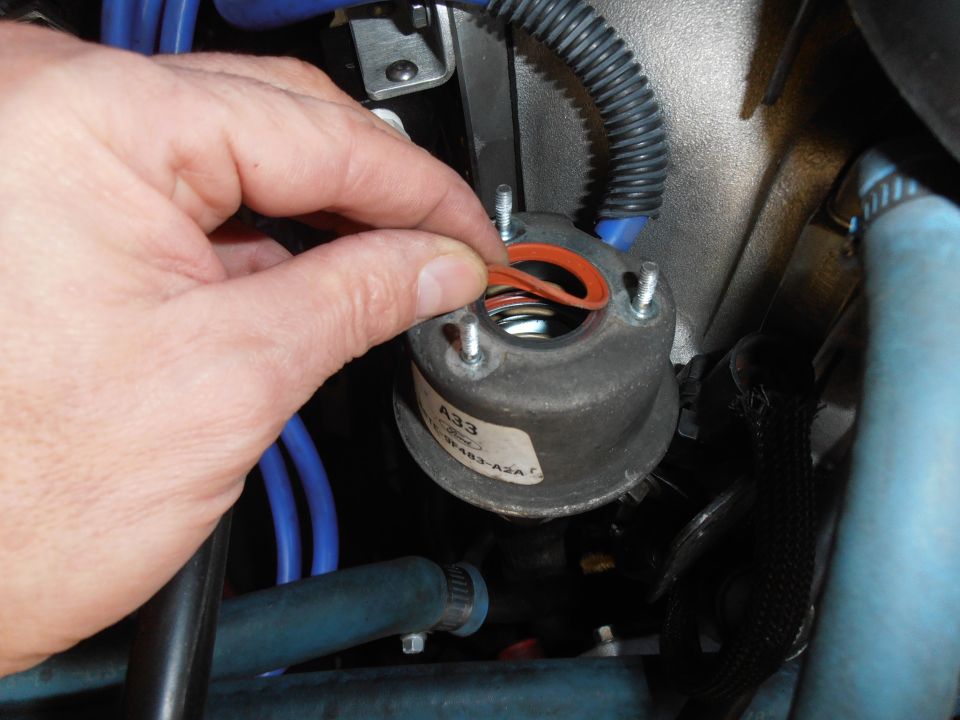 Hand holding orange gasket near EVP sensor with label 'A33' and 'FORD'
