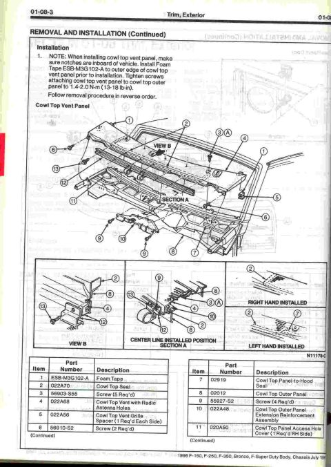 1996 Ford Bronco - This diagram illustrates the removal and installation process for a vehicle's cowl top vent panel, detailing specific parts and procedures.